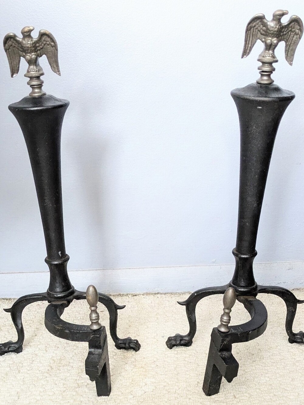 Vintage 20th Century Cast Iron Eagle Finial Fireplace Andirons (Pair)
